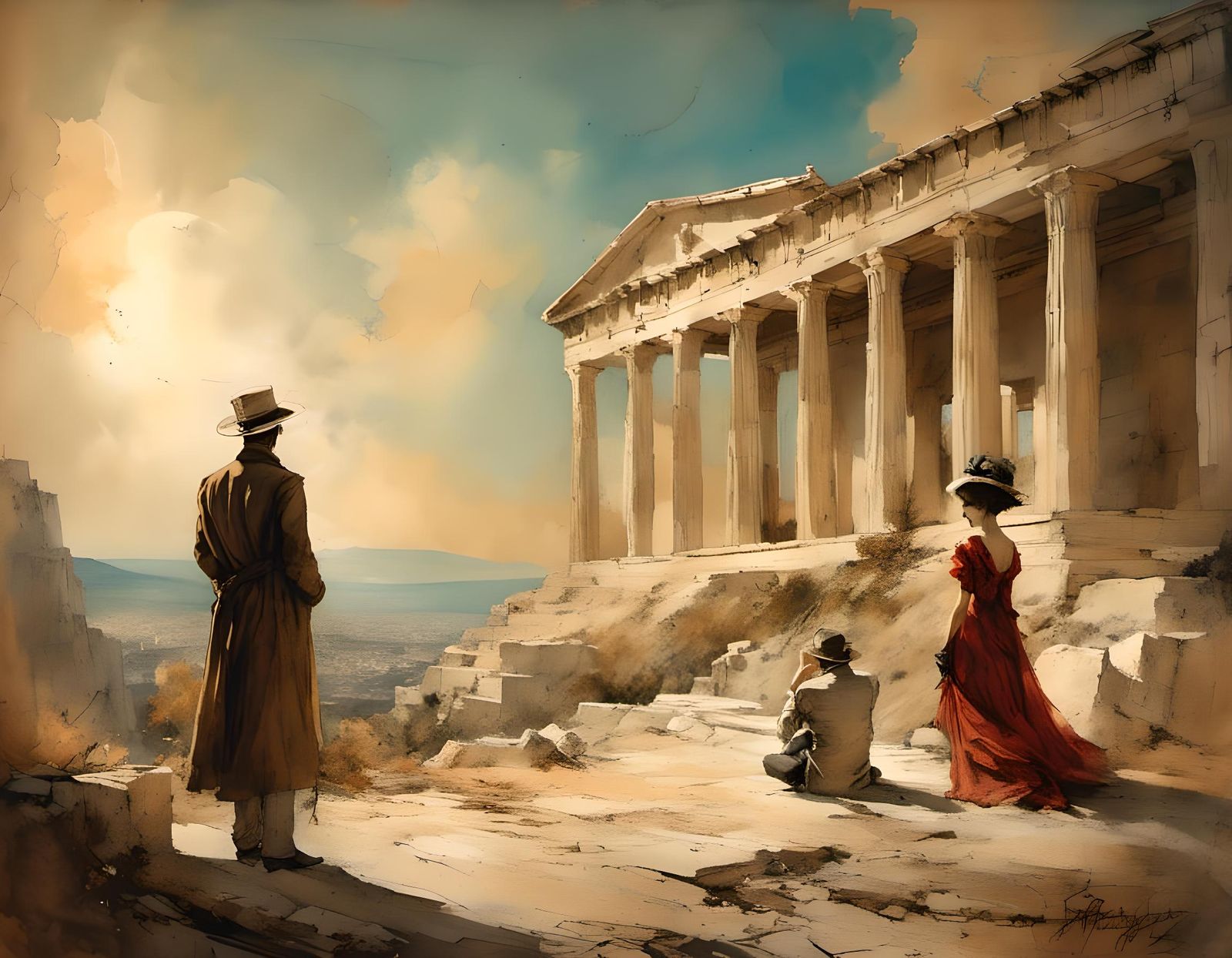 19th century Grand Tour Athens some well-dressed tourists lo...