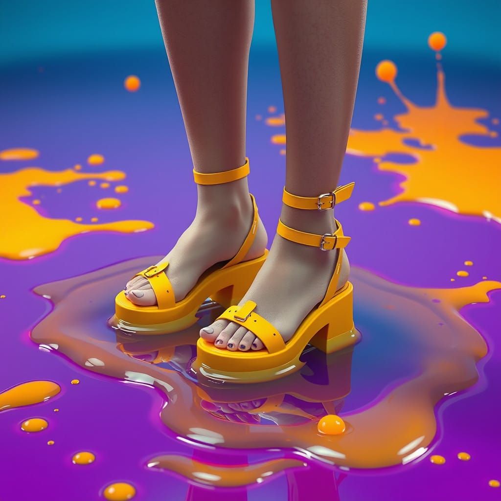 Woman’s feet in yellow platform sandals stuck in glue 