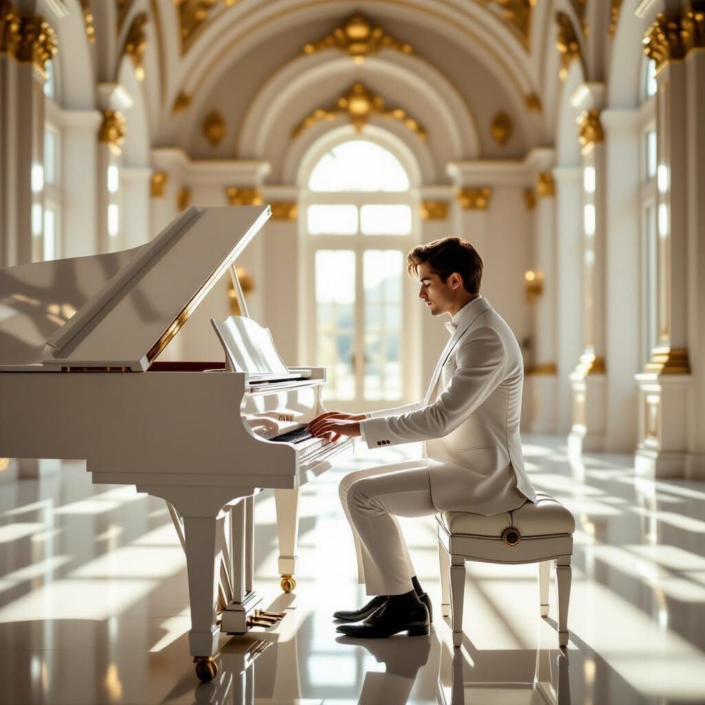 Elegant Man Plays Piano in Palace Hall