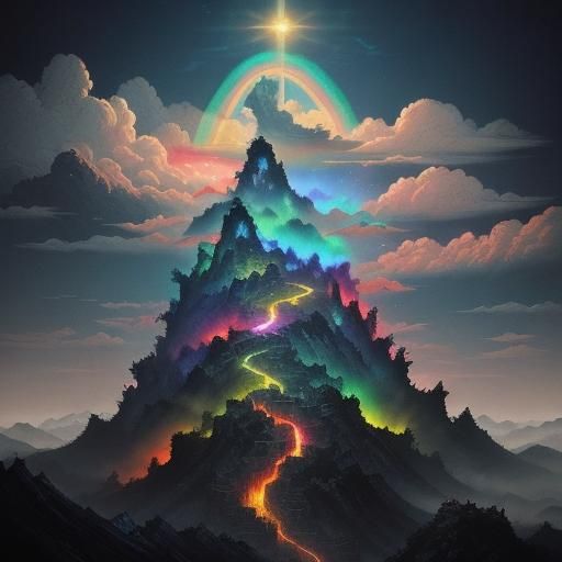 Chinese Dragon Soars Through Ink Mountain Rainbow