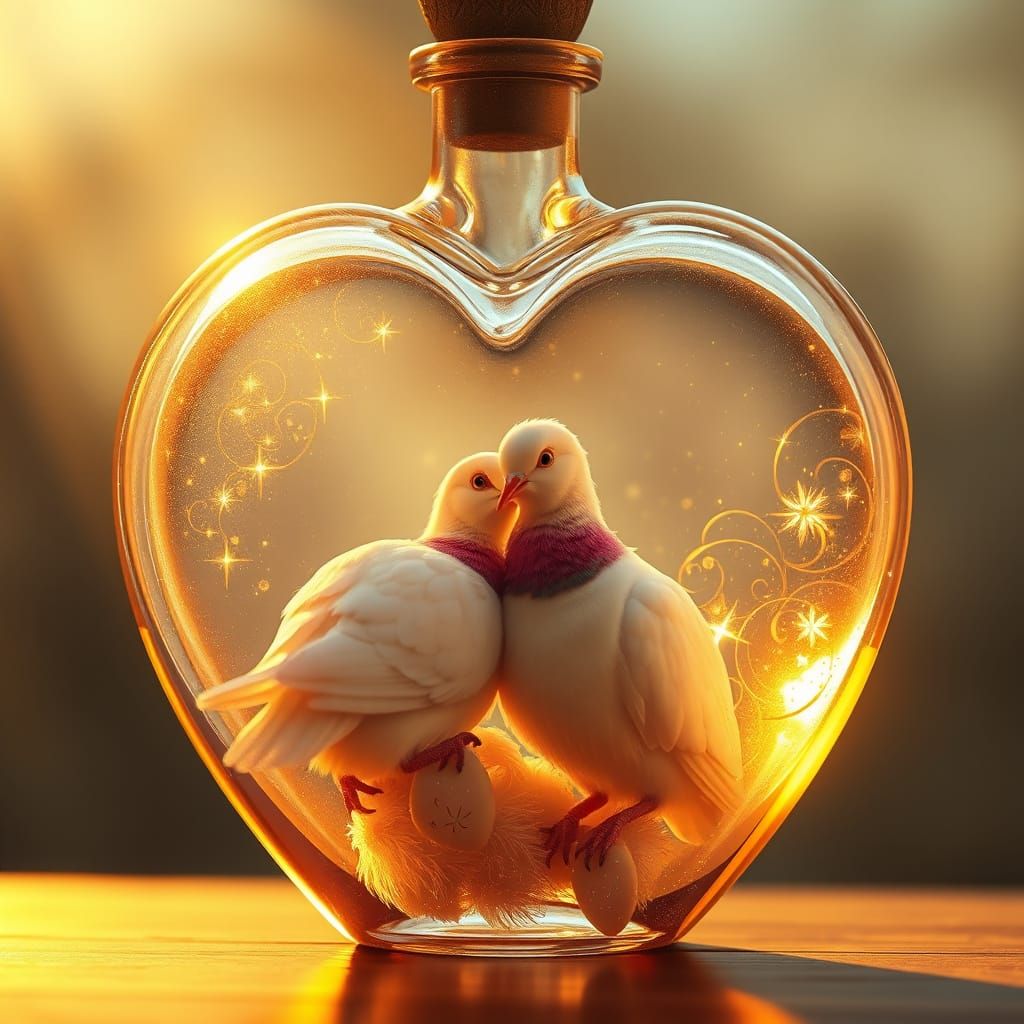 Hyperrealistic Glass Bottle Cradling Serene Pigeons in Golde...
