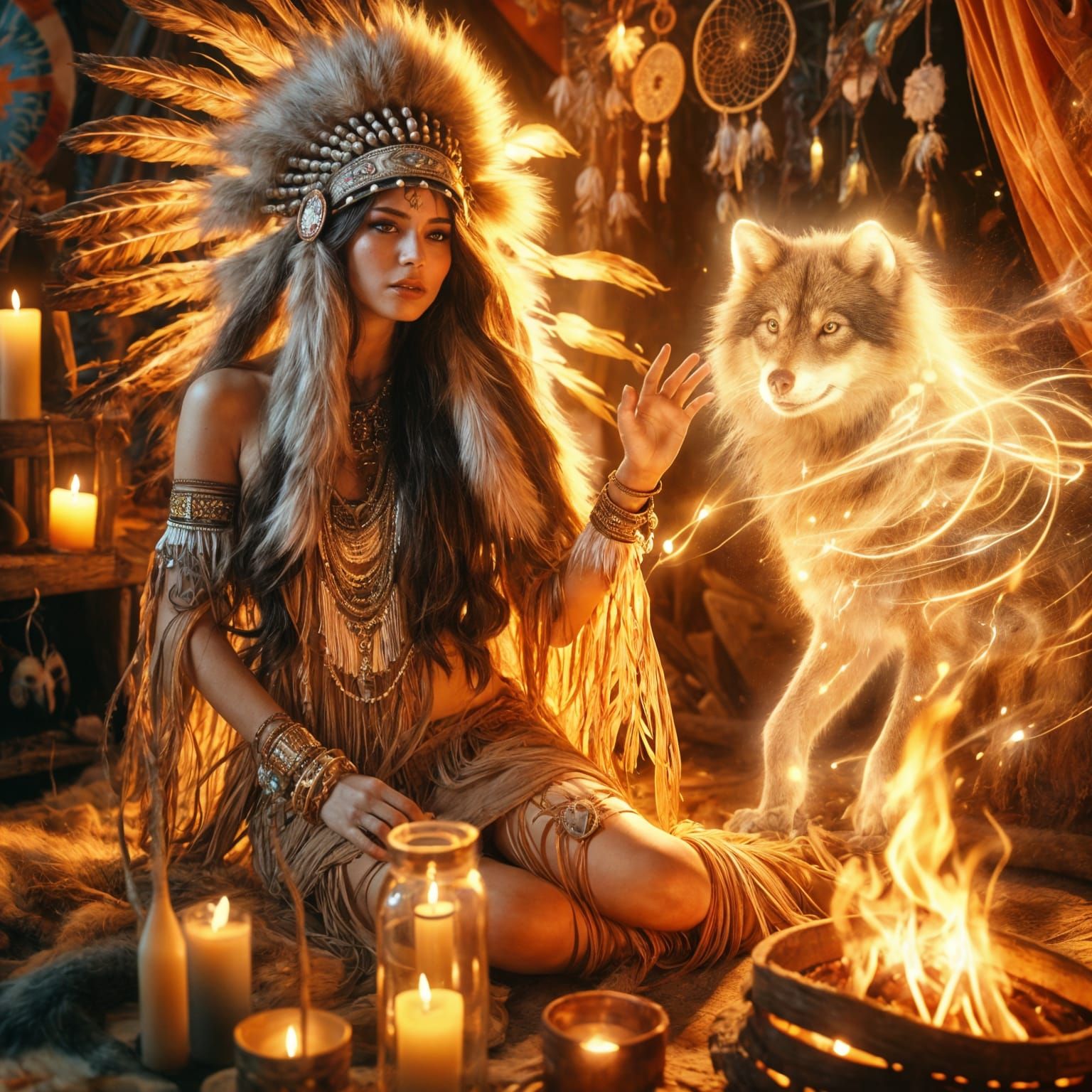 Aquinnah and her spirit wolf Asher  by @Fiona Etkin 1974 