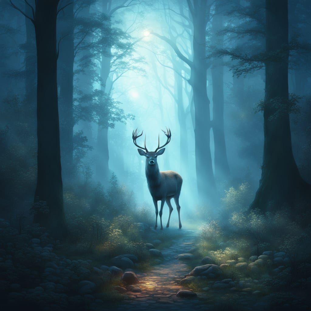 A a very foggy forest with a deer ambling through. ethereal fantasy hyperdetailed mist Thomas Kinkade ...  by @Bobbles52