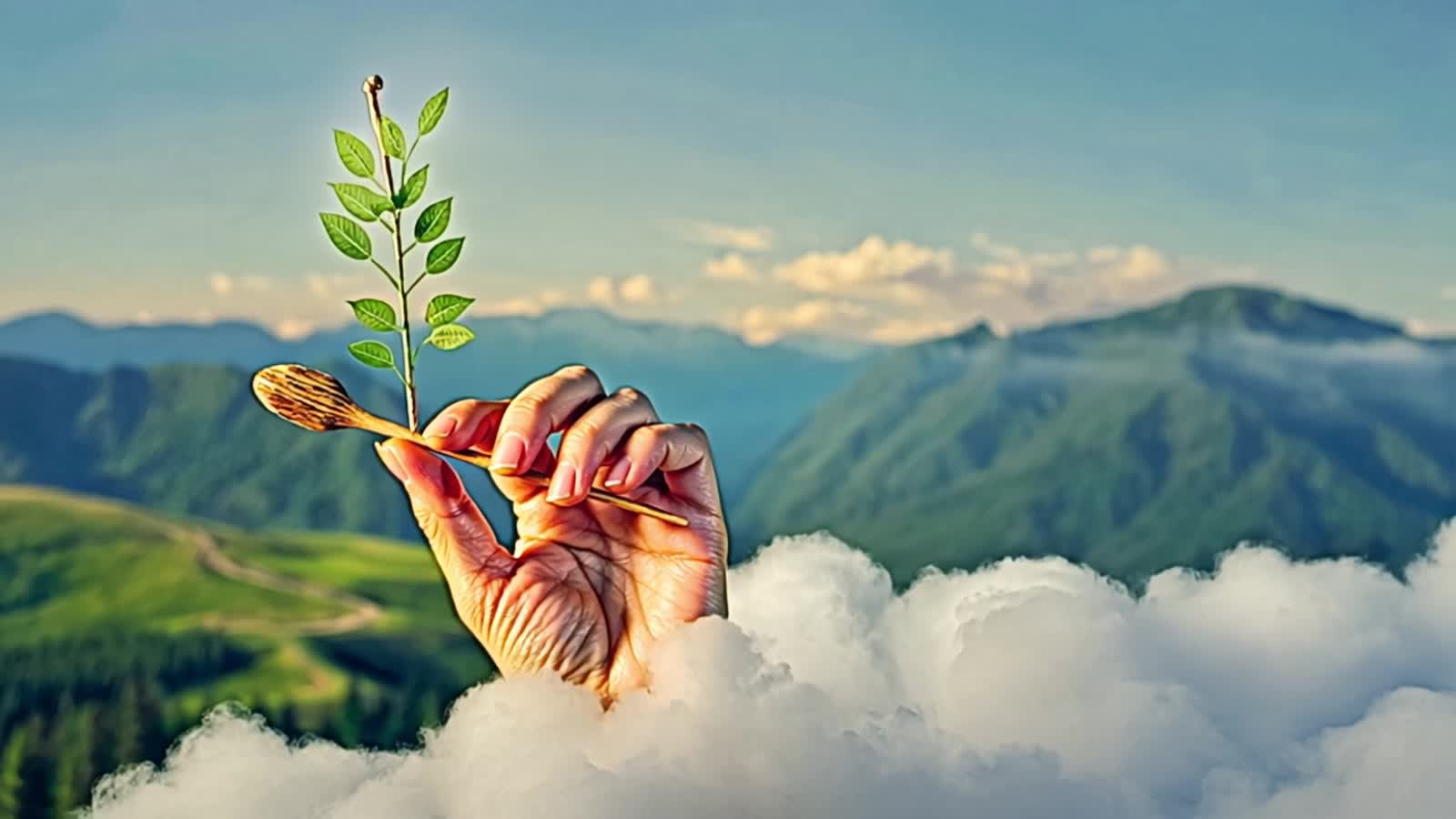 A hand emerging from a fluffy white cloud
