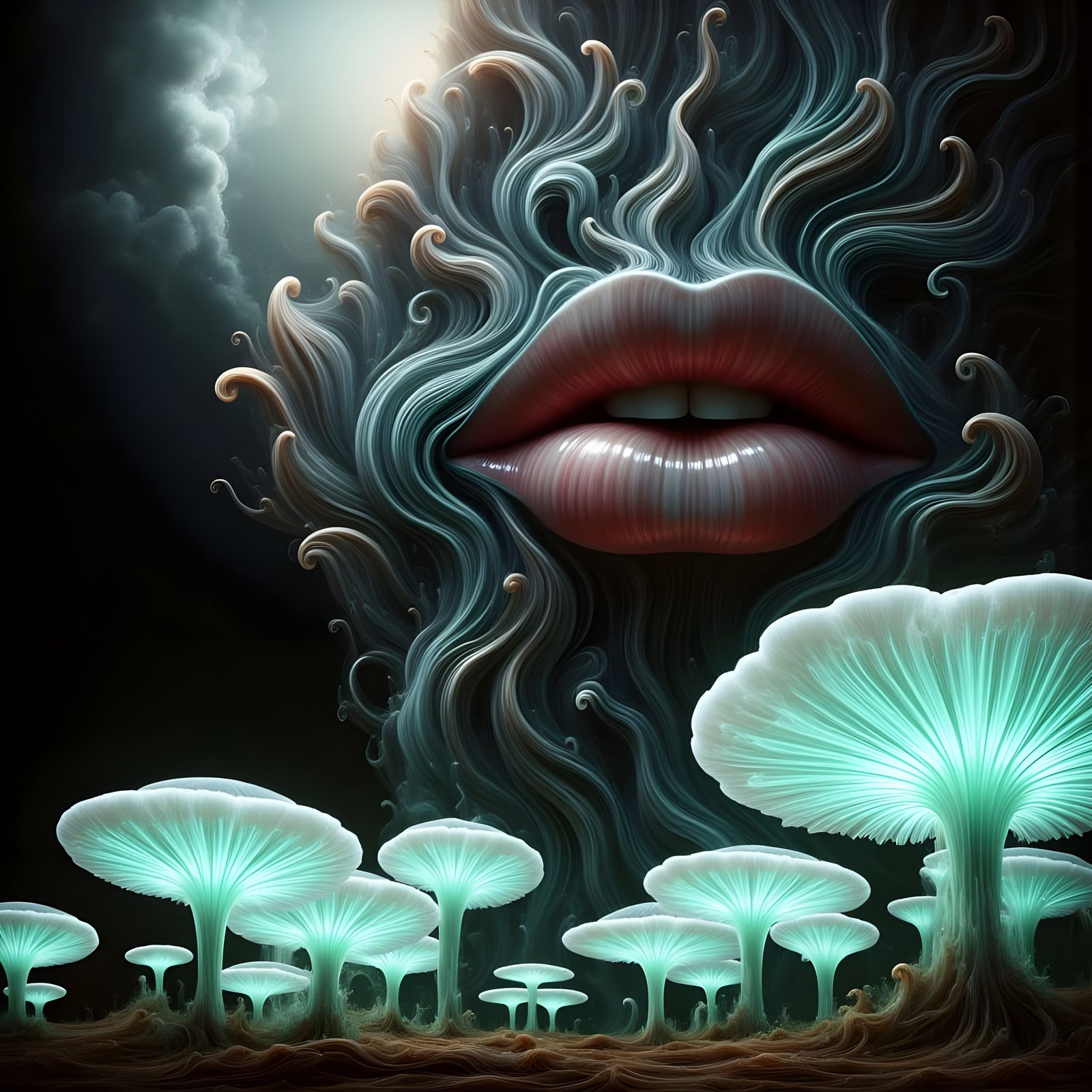 Ancient Cliff with Bioluminescent Mushrooms and Whispering L...