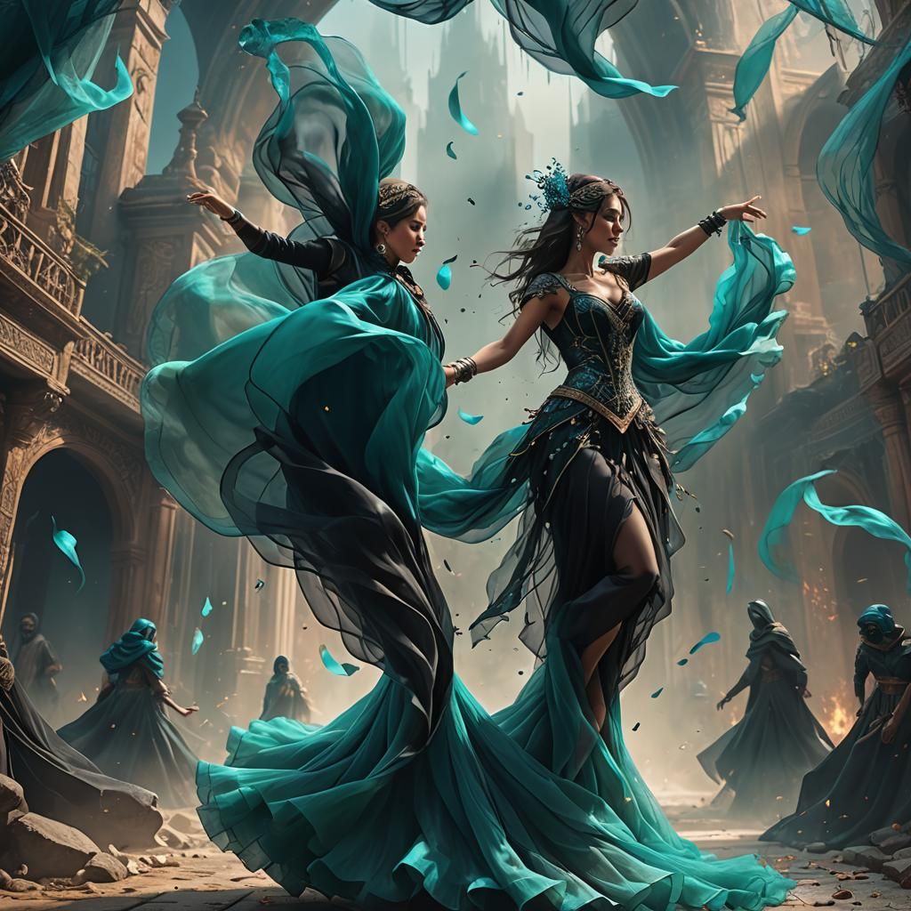 Woman dancing with black and turquoise tulle veils