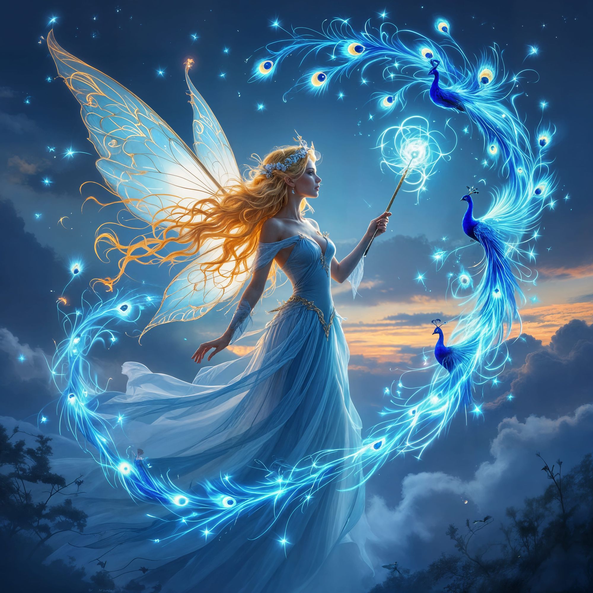 A beautiful tall fairy with flaming blonde hair stands within a transparent whirling mist. The mist is like a ghostly whirl wind. The fairy ...