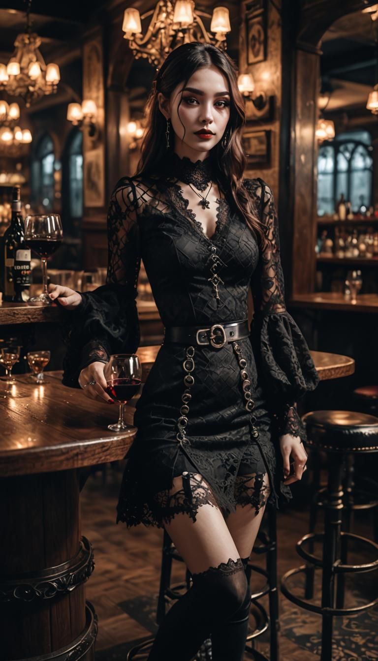 Mysterious woman sits alone in bar table, wearing a gothic lace miniskirt, cross the legs, drinking wine, ...  by @Alan