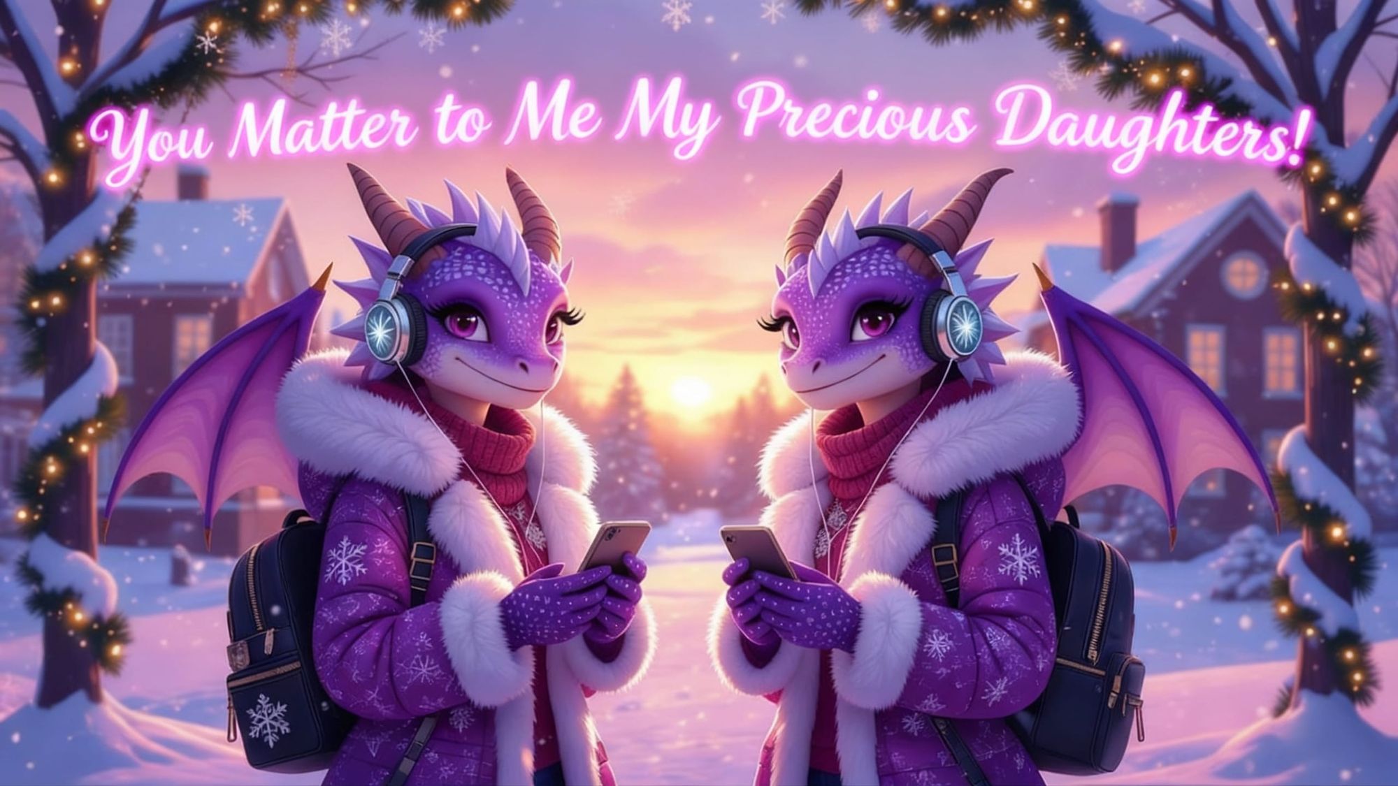 38k resolution, hyper realistic quality, Two teenage Female Dragons, purple with white accent coloured wings and scales with matching eyes a...