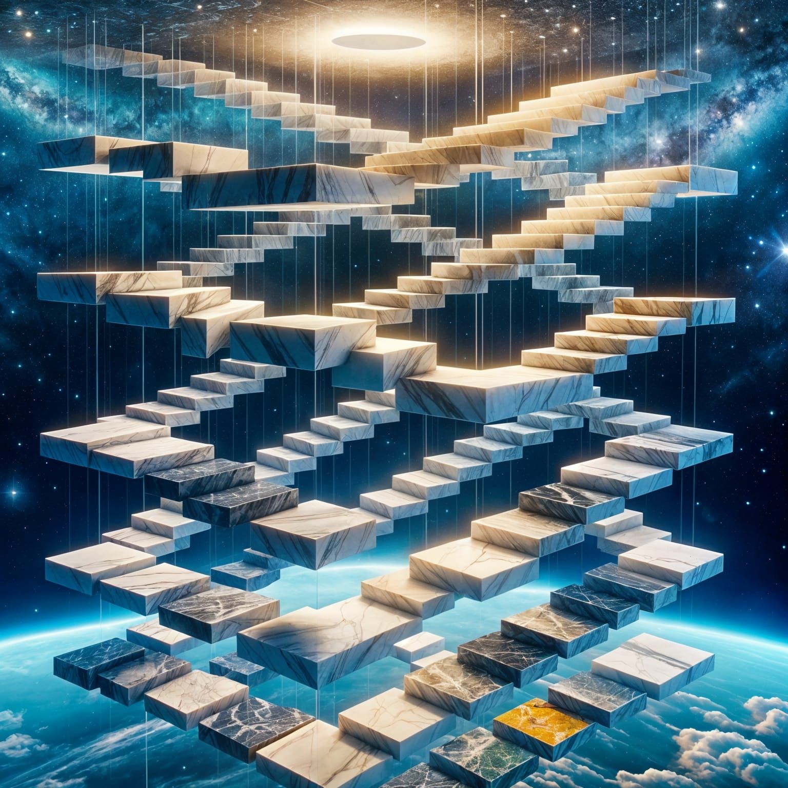 Infinite Cosmic Hall with Marble Staircase to the Stars