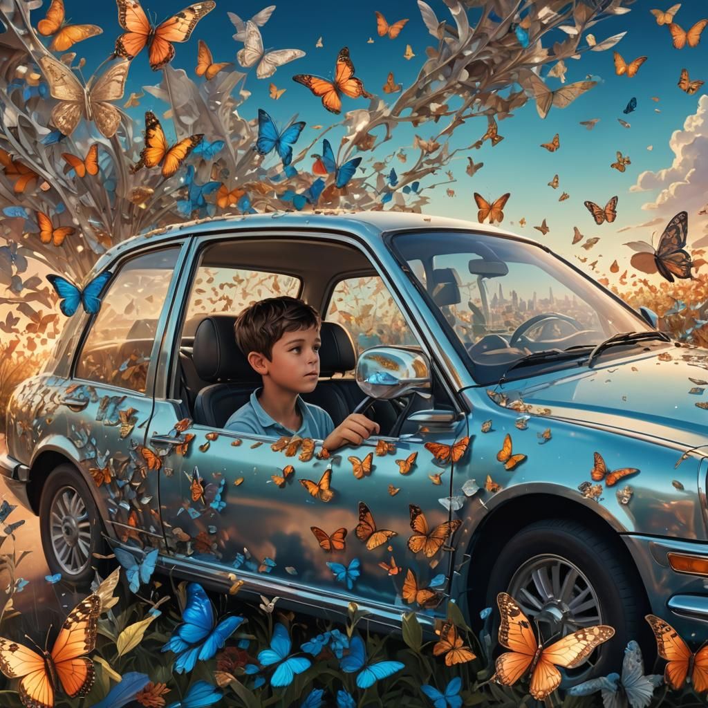 Boy in Silver Car Fantasy Illustration