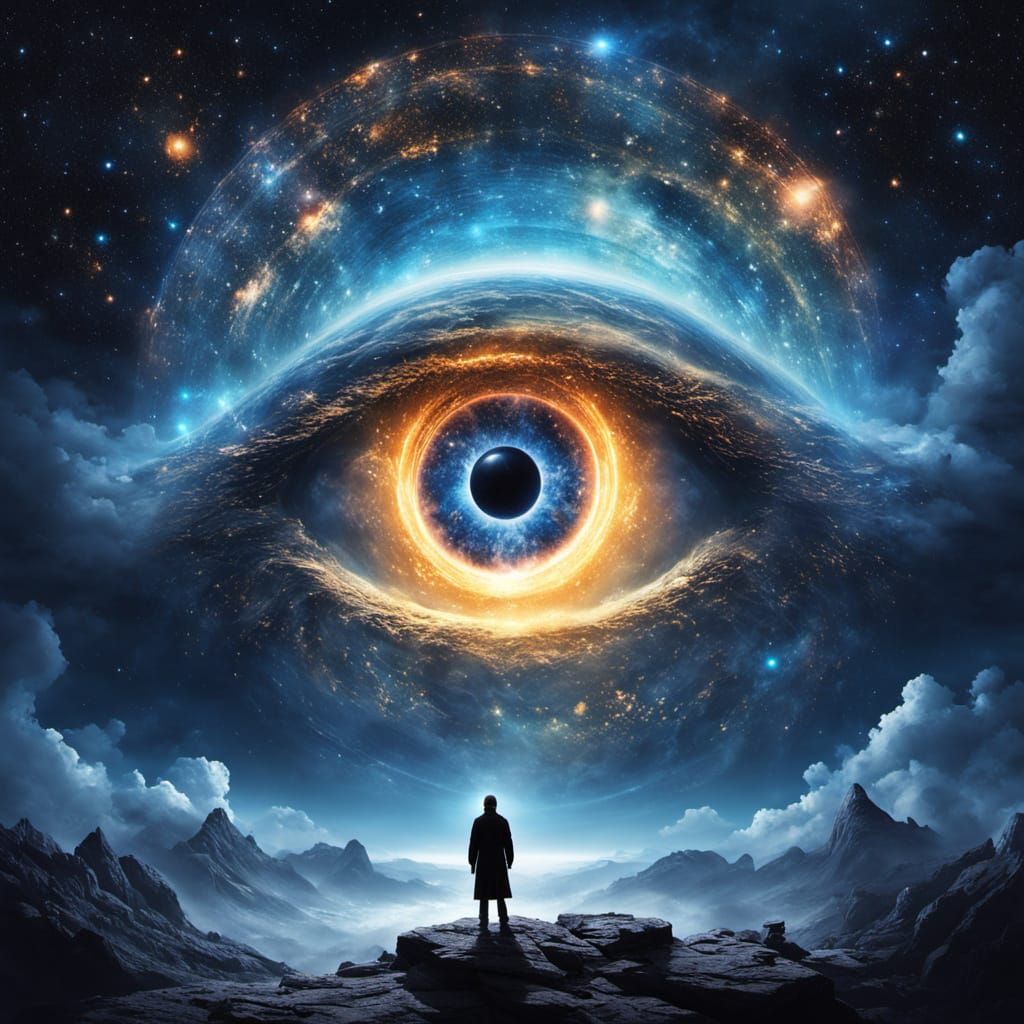 A lone figure in white stands beneath a colossal cosmic eye made of swirling galaxies and glowing nebulae. ...  by @Tiger princess 