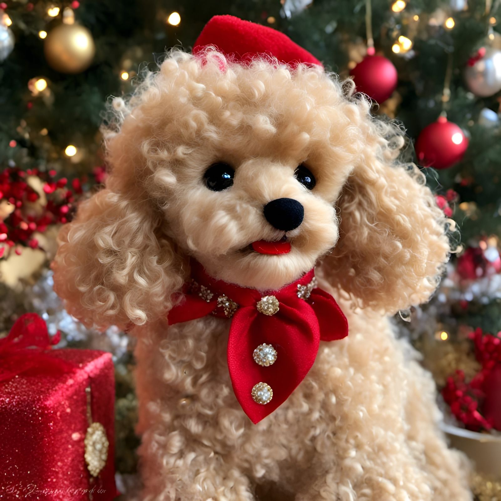 Adorable stuffed poodle, detailed_Holiday_Background, <lora:ToyLand TazzleDazzle:1.0>