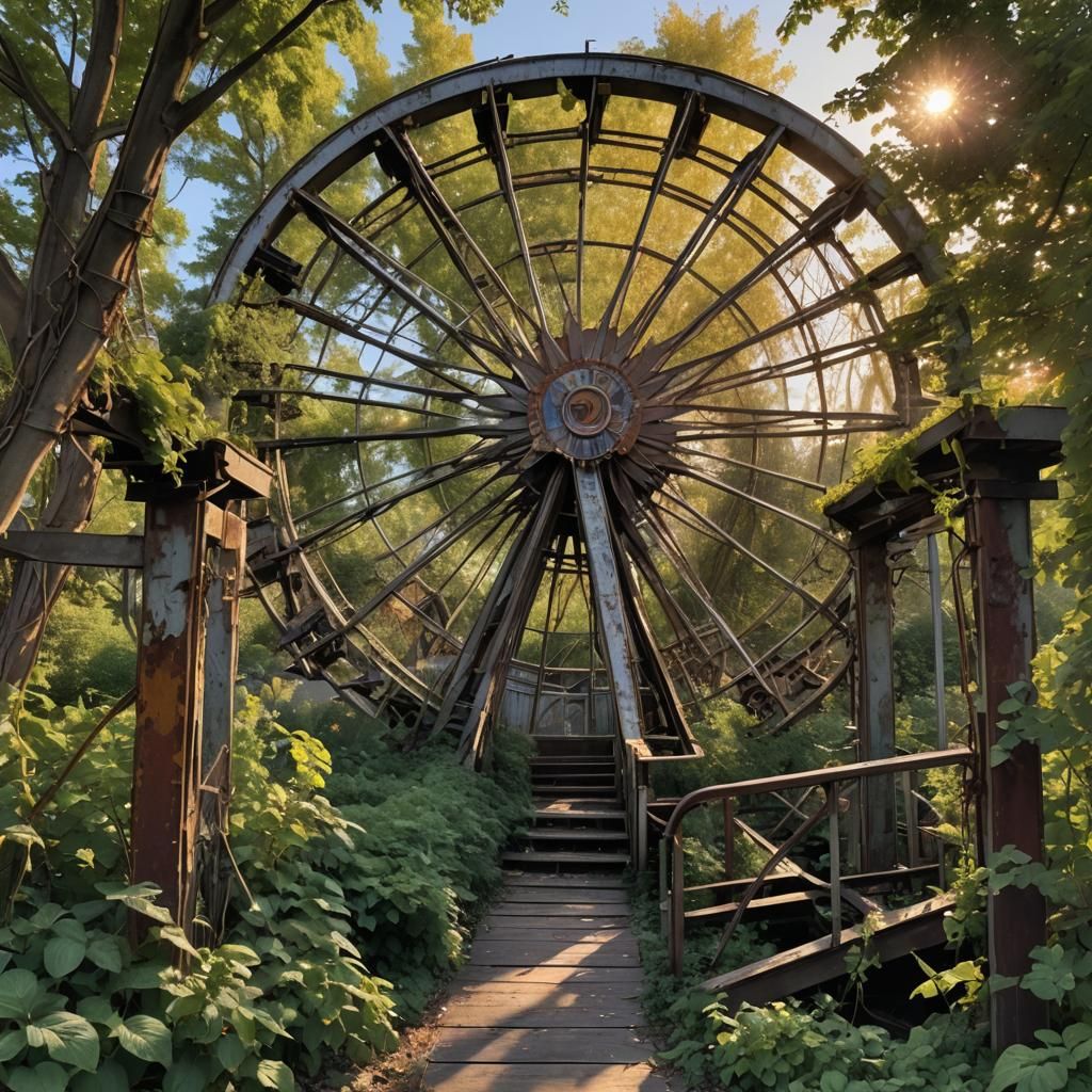 A rollercoaster stands still, vines crawling up rusty beams,...