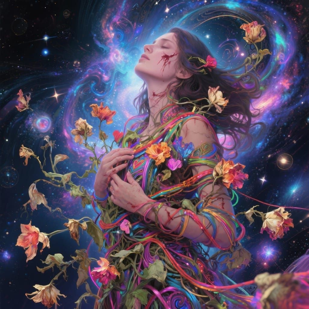 Life's Tangled Threads: A Woman's Struggle through Love, Pain, and Freedom flower both vidrent and wilted  8k resolution holographic astral ...