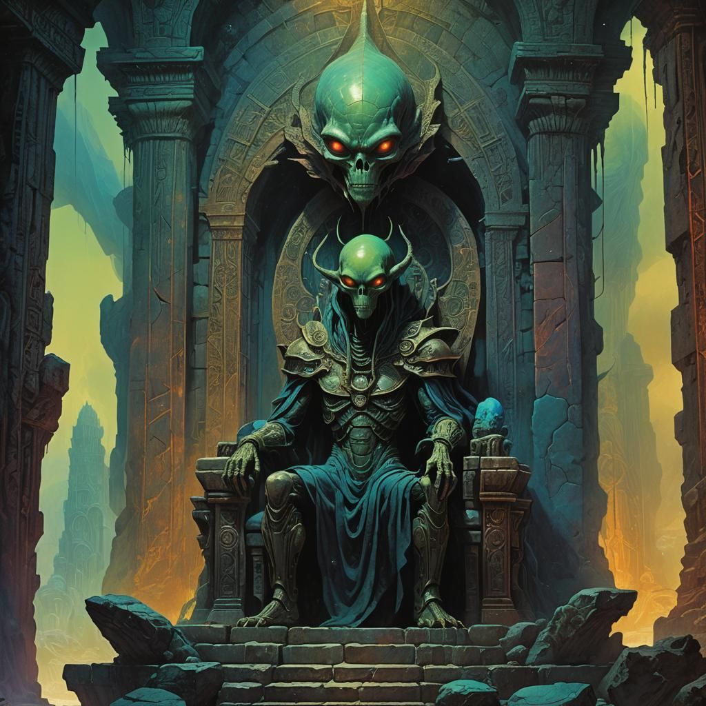 Alien Monarch in Mystical Temple, Dark Fantasy Art