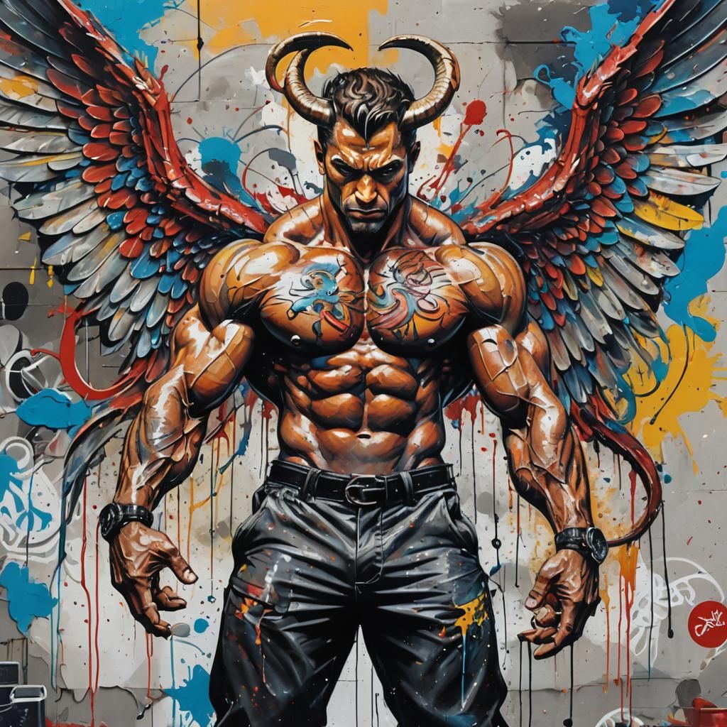 male bodybuilder eyes of a snake,  long large angel wings th...