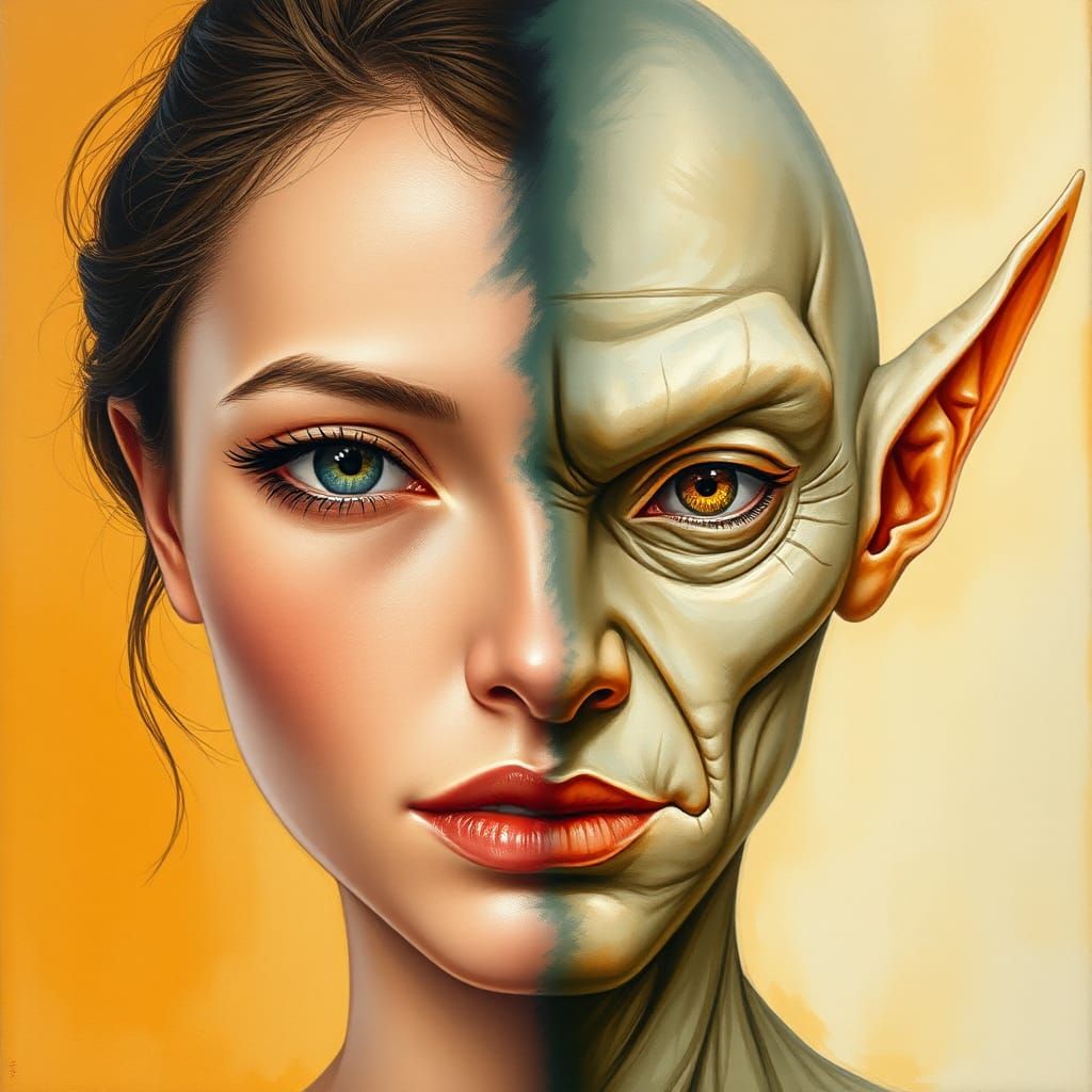 Split portrait half women's face, half elf face, double expo...