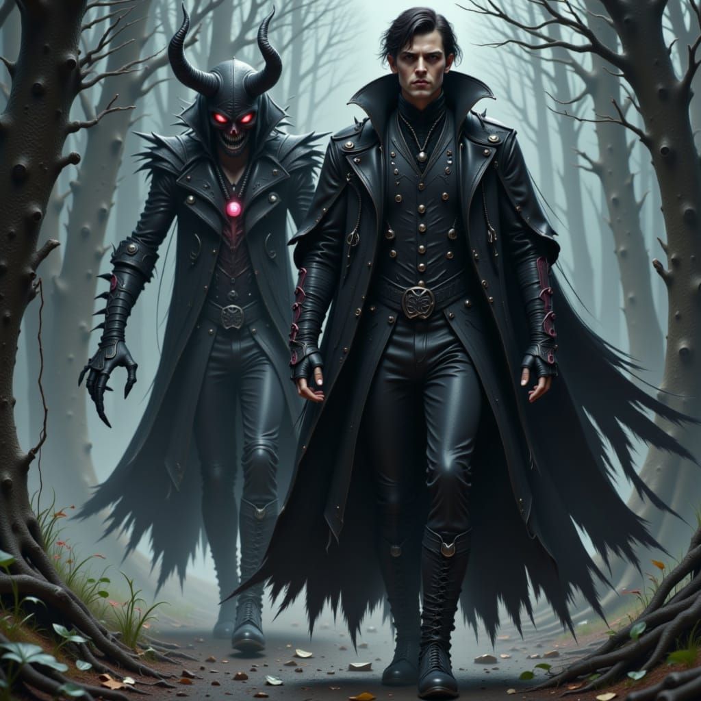 A young man in a long, dark coat with a confident expression, walking towards the viewer with a wicked demon by his side, adorned in intrica...