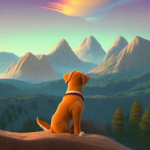 Sunrise over the mountains with a dog looking at the sky