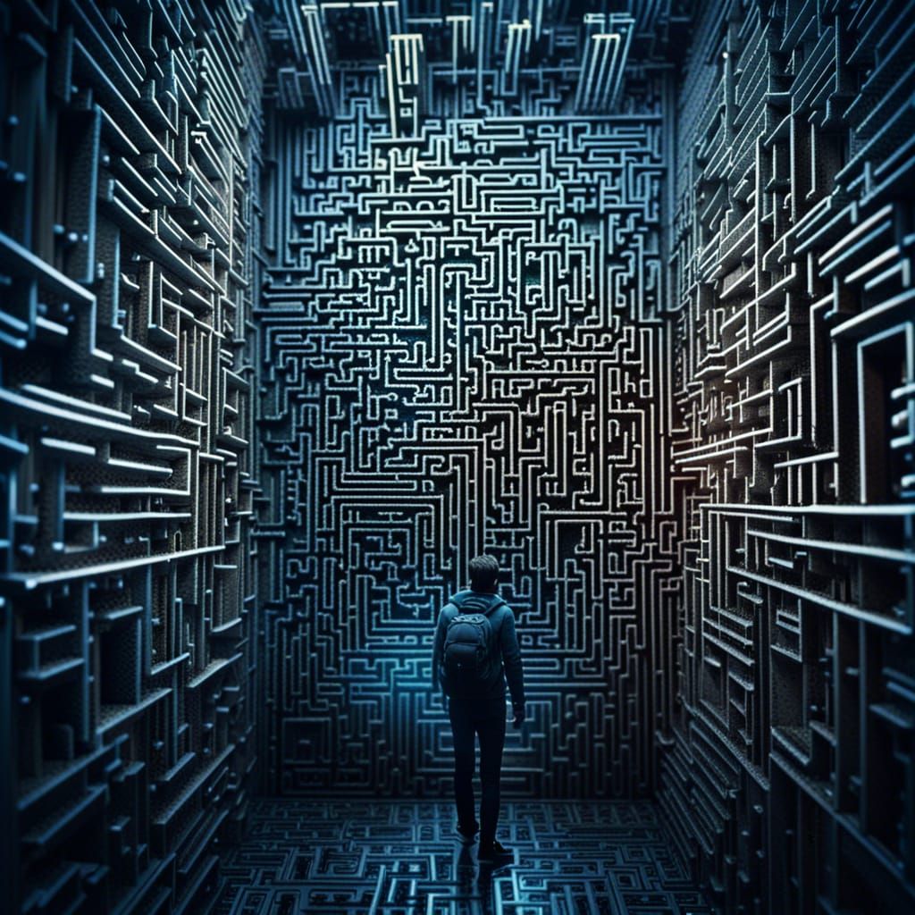 Person lost in digital maze labyrinth in cyberspace intricate details, HDR, beautifully shot 