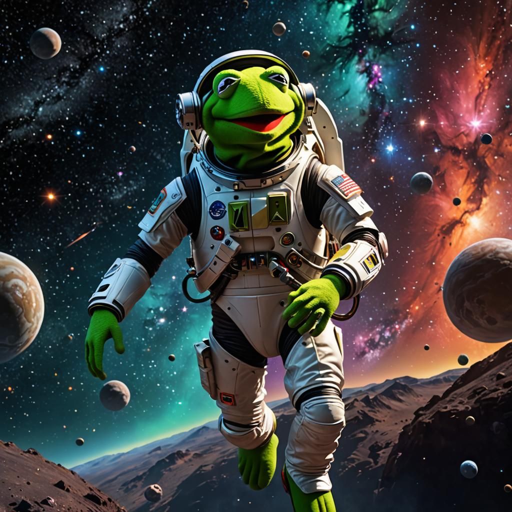 Kermit The Frog in a spacesuit (floating in the vastness of space:1.3), Nebula, stars, photorealism, ...  by @Paddy OBrien