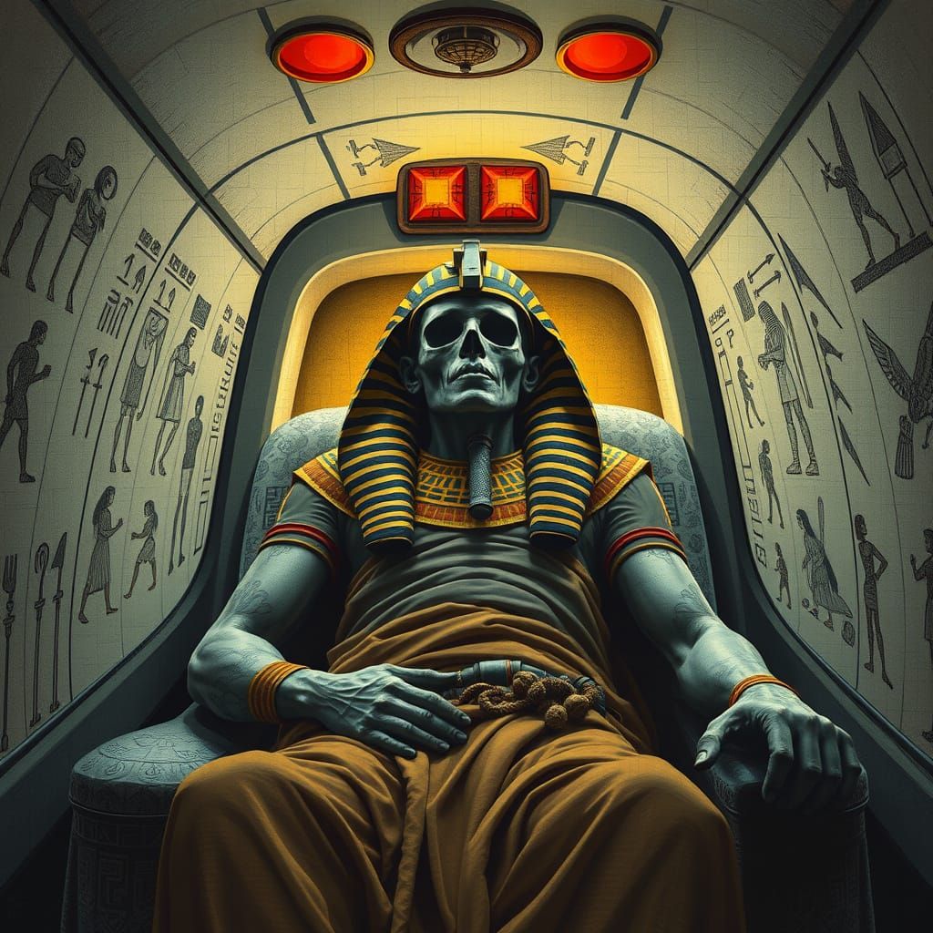 Egyptian Afterlife Journey in Engraved Mural Style