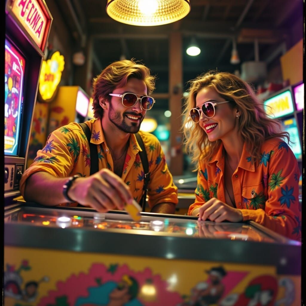 <lora:80s Leisure Shots:1.0> The air buzzed with synth music as they entered the arcade. The man grinned, flipping a quarter into the air be...
