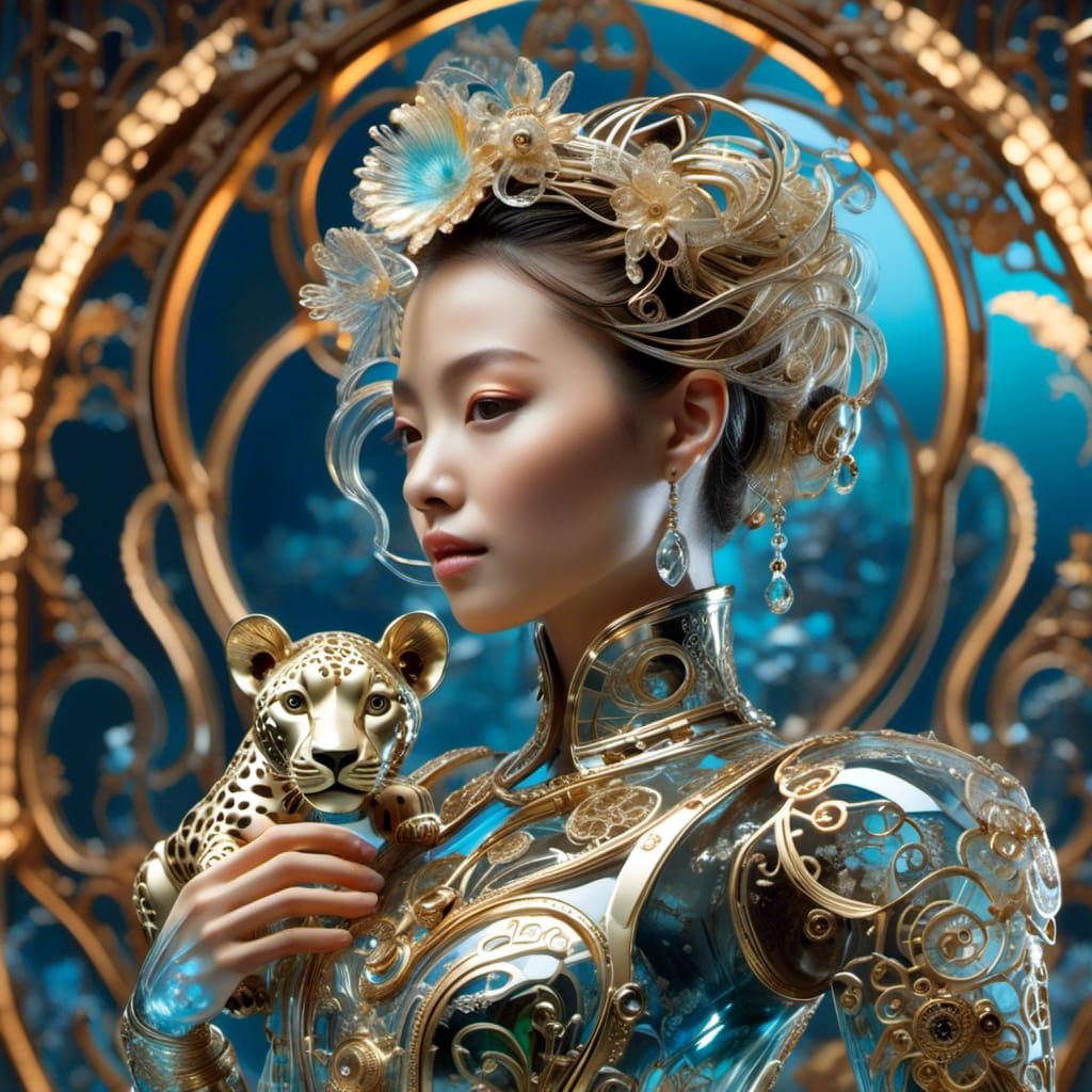 Ethereal Woman and Glass Lion in Digital Art