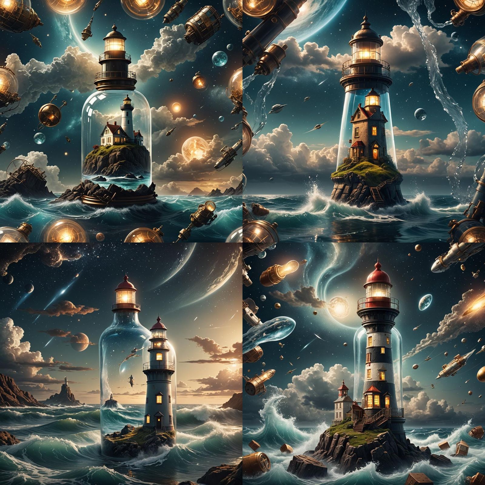 light house in a bottle in space with water