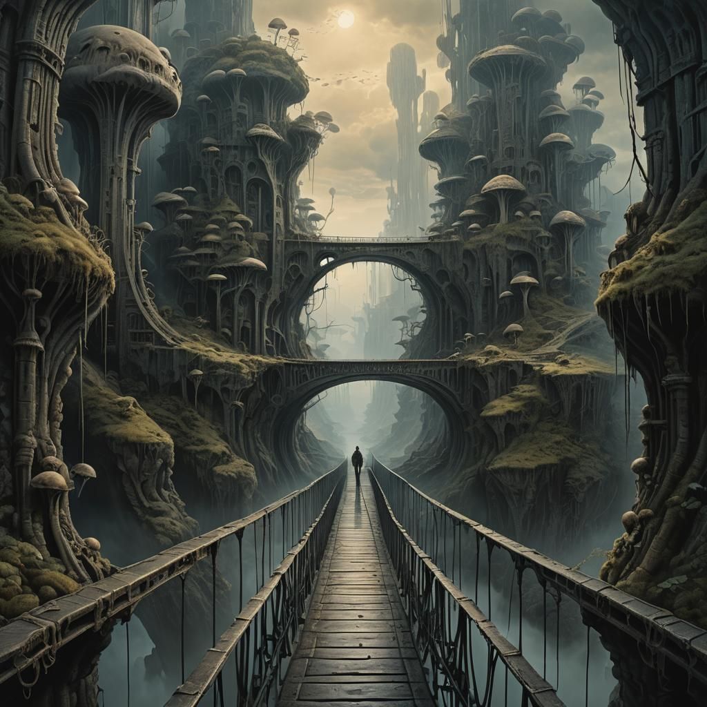 Lonely Figure on Narrow Bridge in Fantasy Style