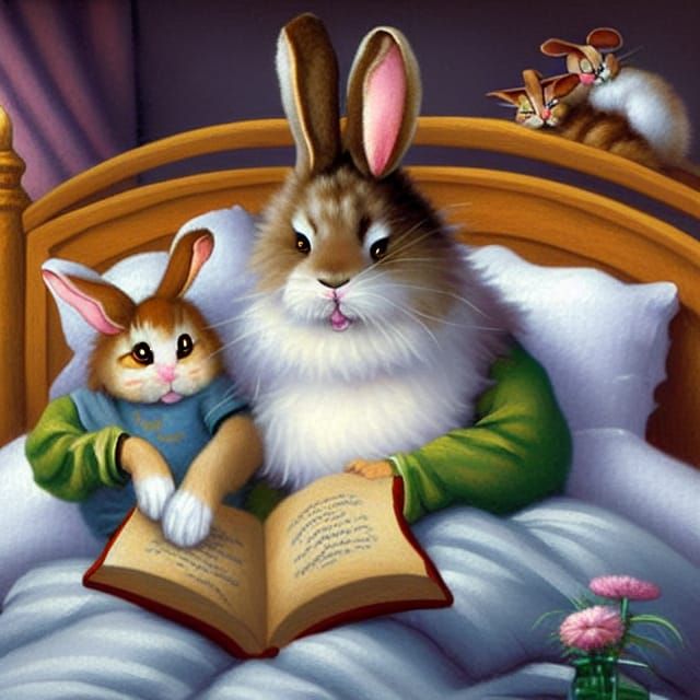 Adorable fluffy rabbit cuddled in bed and mother cat reading...