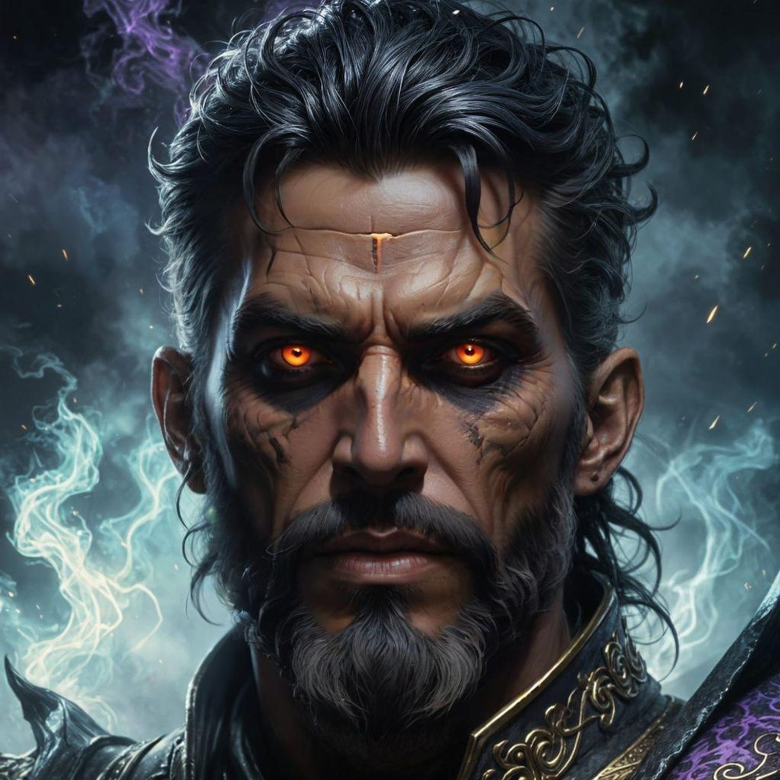 High Fantasy epic evil male undead warlock, grotesque, full beard ...