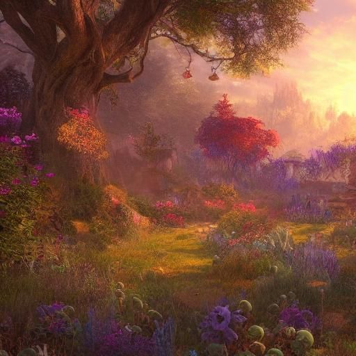 rural mystic garden in bright light of golden hour