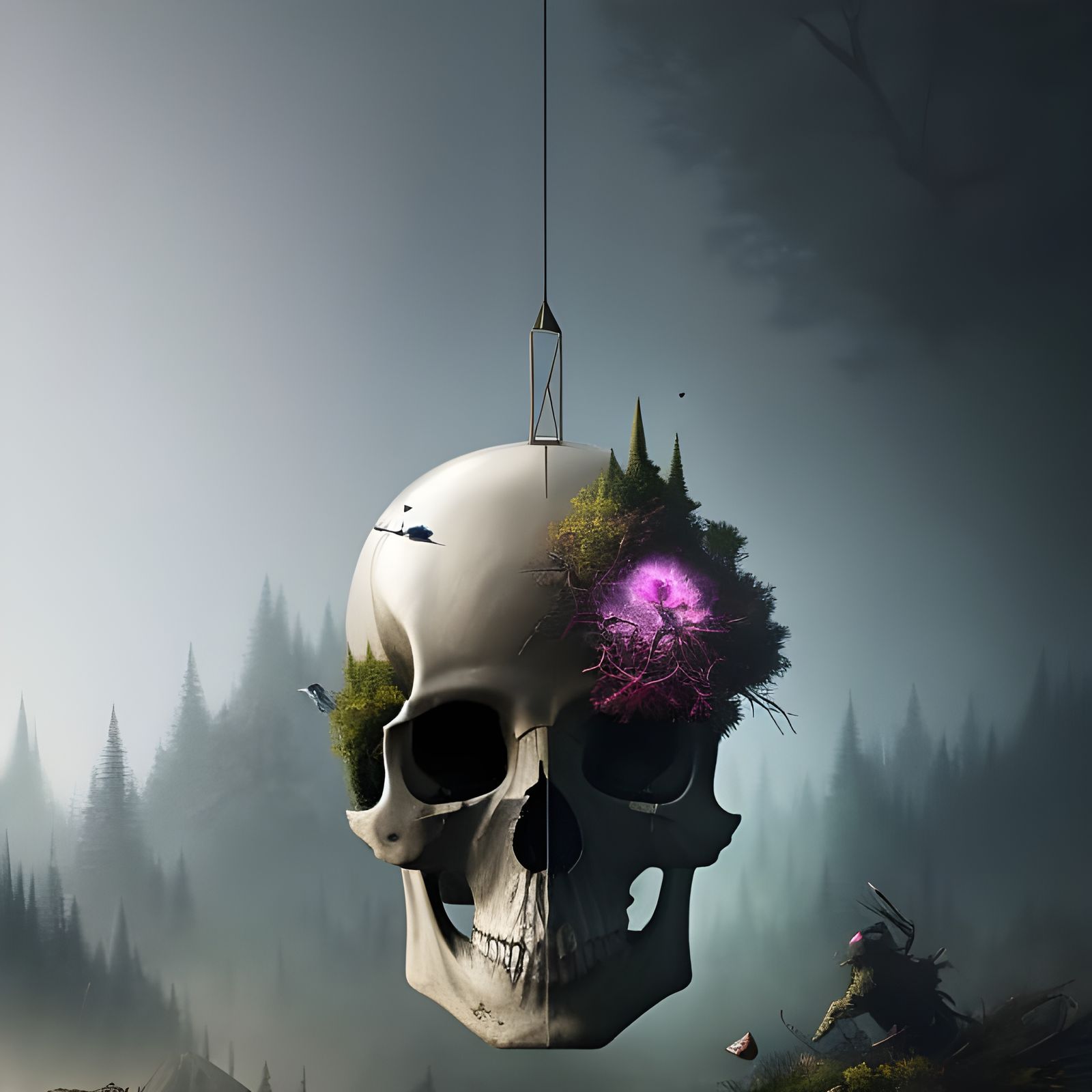 Terrarium Skull with Celestial Background: Digital Art