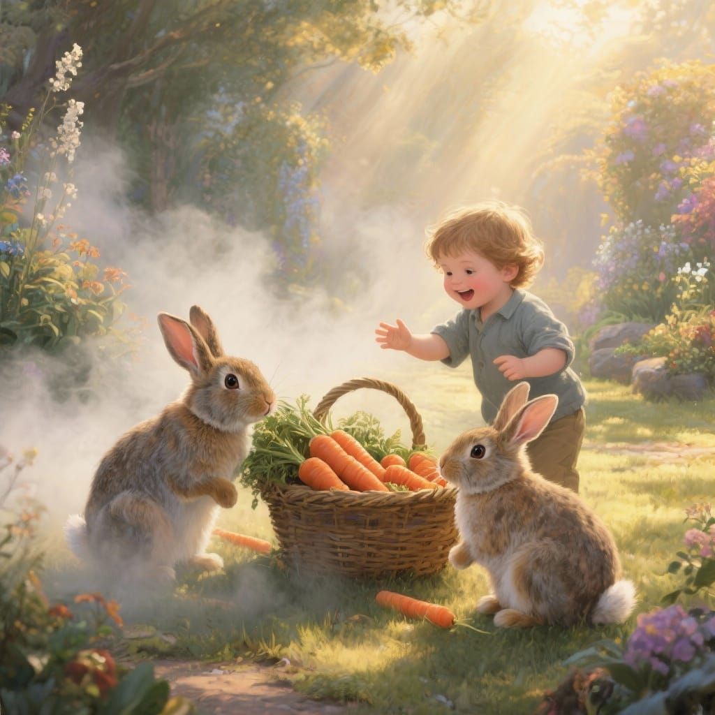 Show a child playing with two fluffy rabbits in a garden. The rabbits curiously sniff a basket of carrots. Atmosphere – coziness and friends...