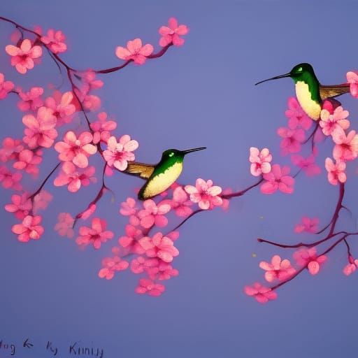 two hummingbirds flying with cherry blossoms