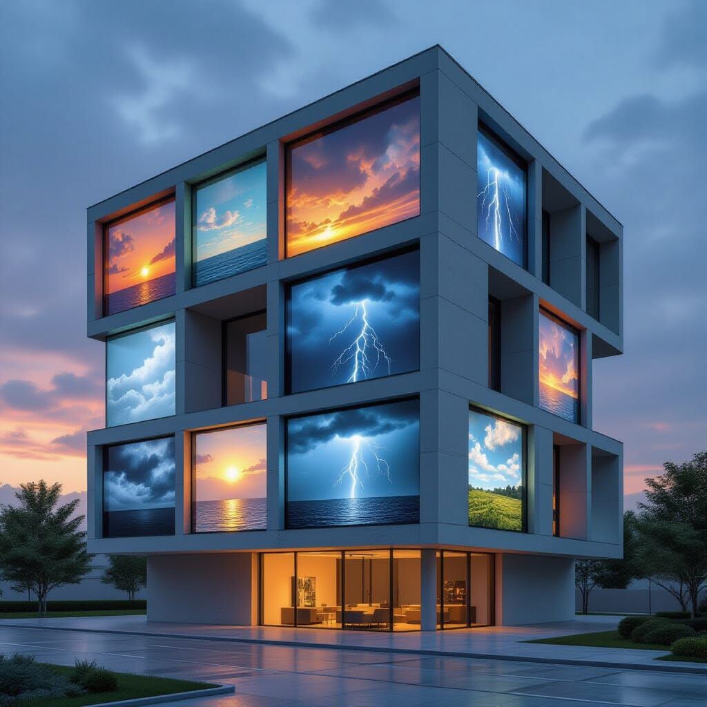 Modernist Building Windows Show Different Skies With Tempora...