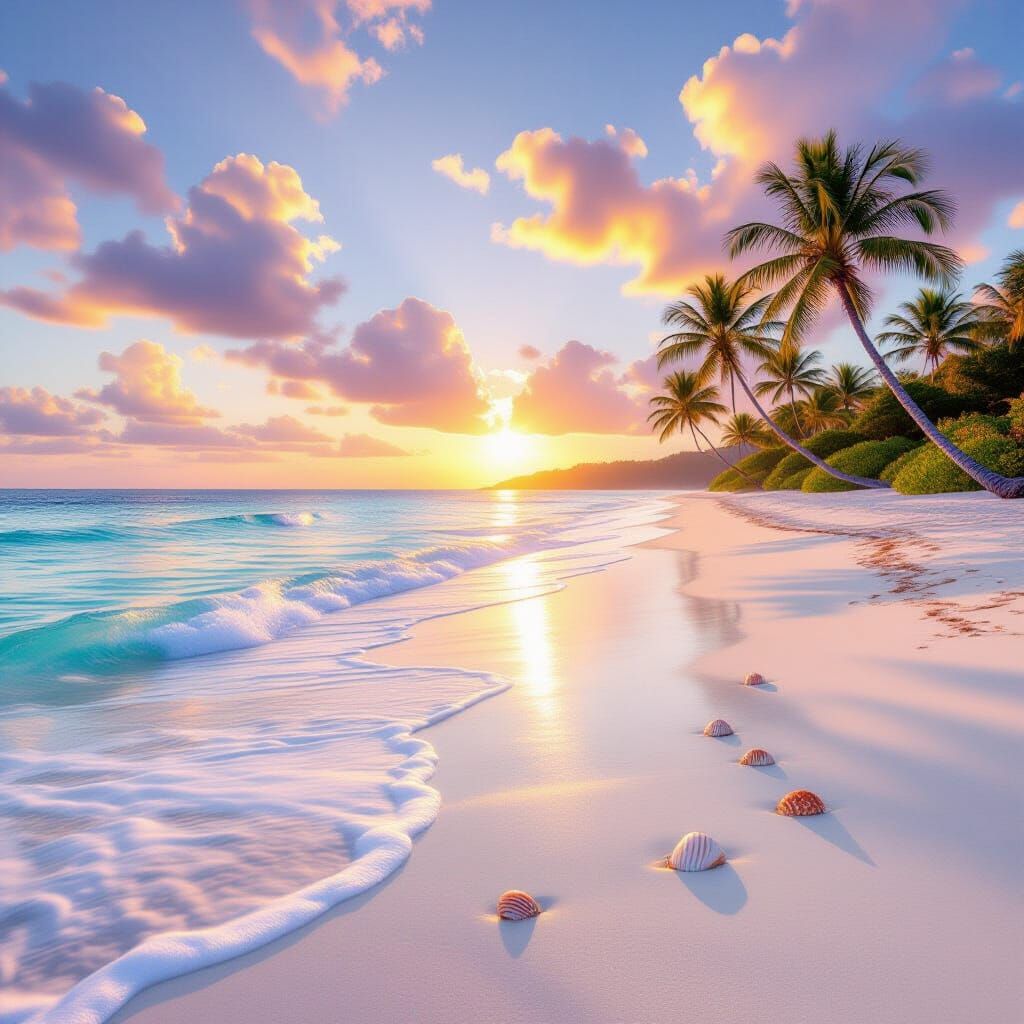 A tranquil, dreamlike beach at golden hour. Soft waves roll gently across crystal-clear turquoise water, reflecting streaks of pink, lavende...