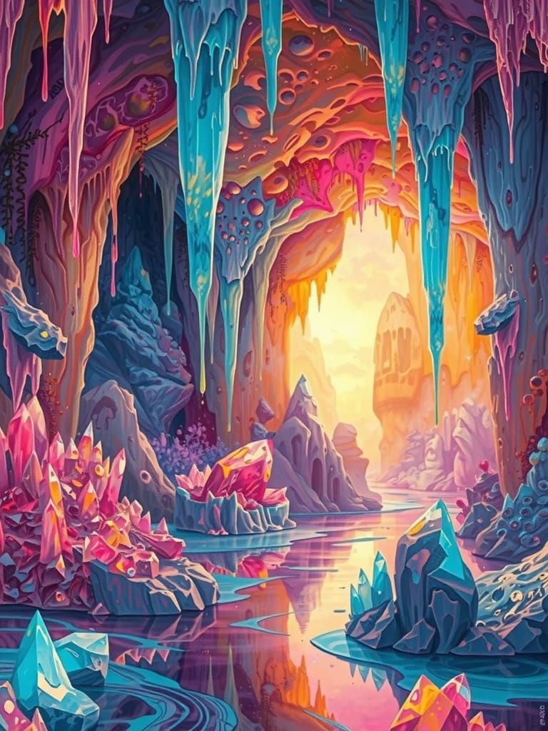 A surreal scene of a cave with multicolored crystal stalactites melting and dripping from the cave ceiling, and pooling in colorful puddles ...