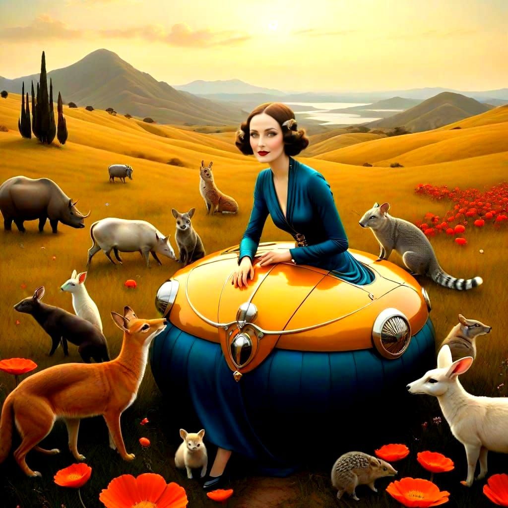 Flamboyant 1920s Lady in Surreal Landscape