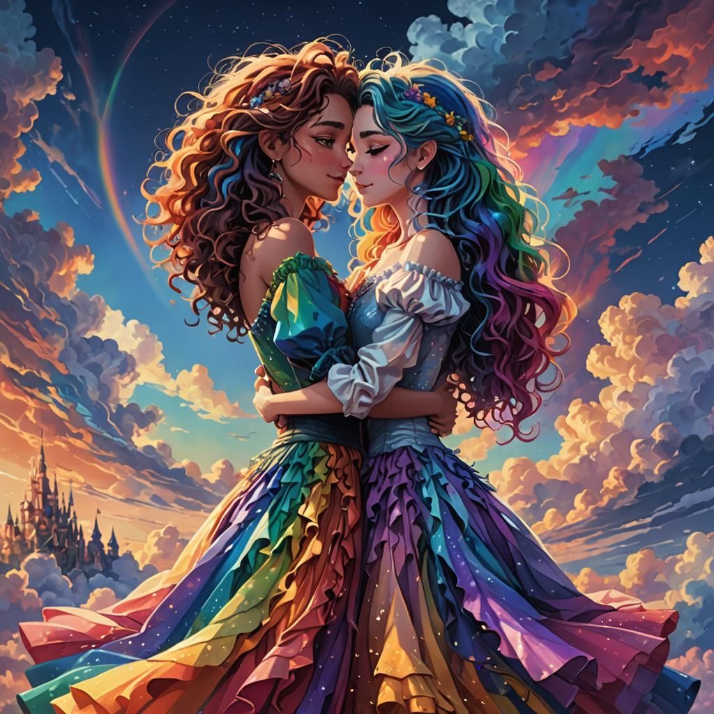 Two women standing next to each other, holding each other, e...