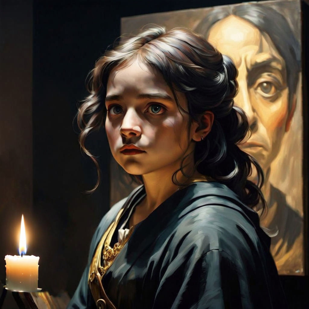 Goya paints Inés’ beautiful face on a large canvas, while Inquisitor Lorenzo watches from the background ...  by @Vlastas