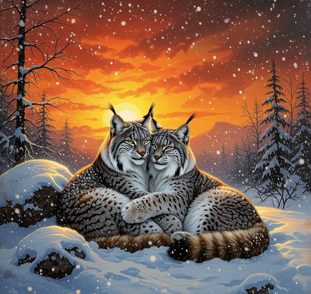 Two Lynx's sitting in a blizzard #2