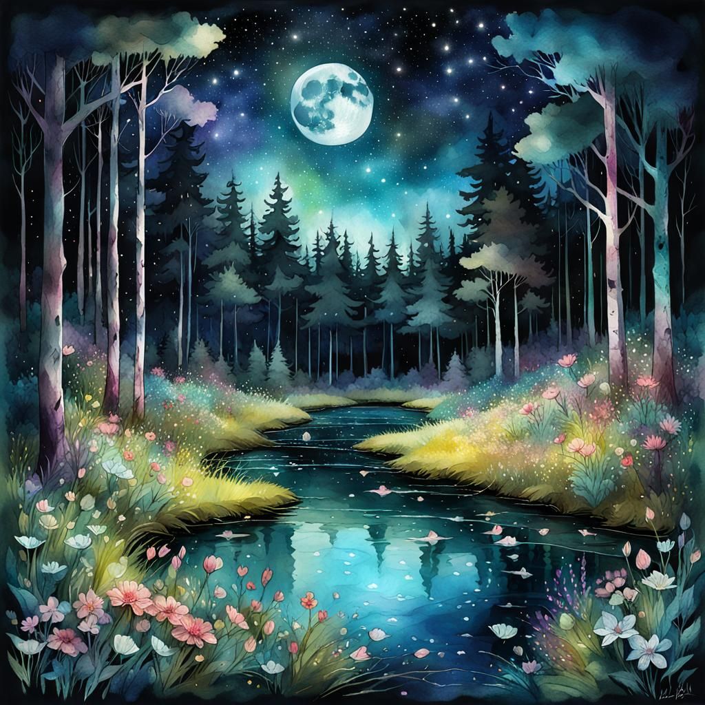 full moon moonlit meadow in a forest glade constellations il...