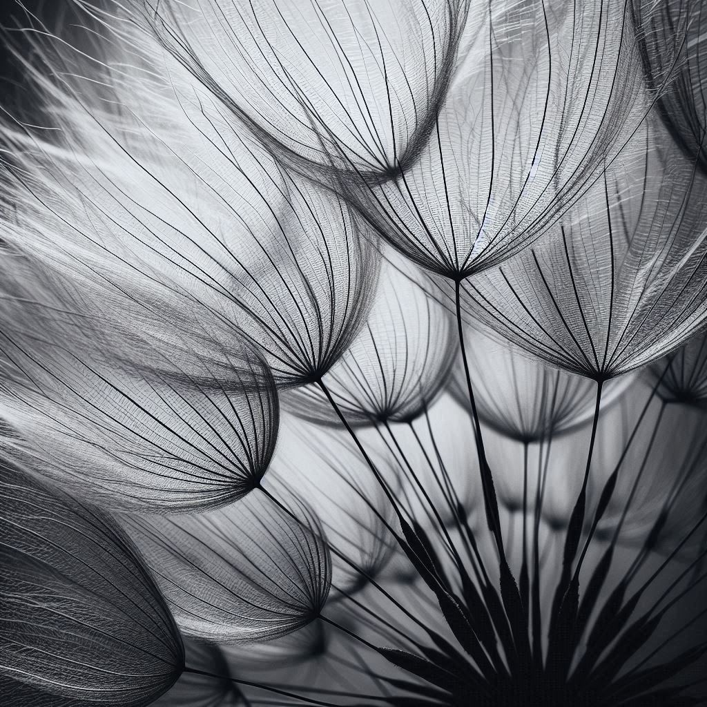 A black and white close-up image of dandelion seeds