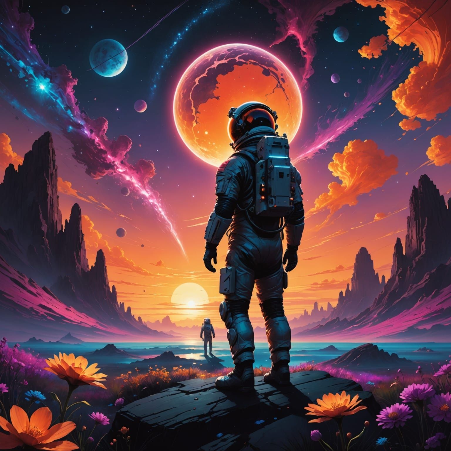 A lone astronaut, silhouetted against a vibrant, alien sunset, offers a delicate, crystalline flower to a sentient, crystalline entity. The ...