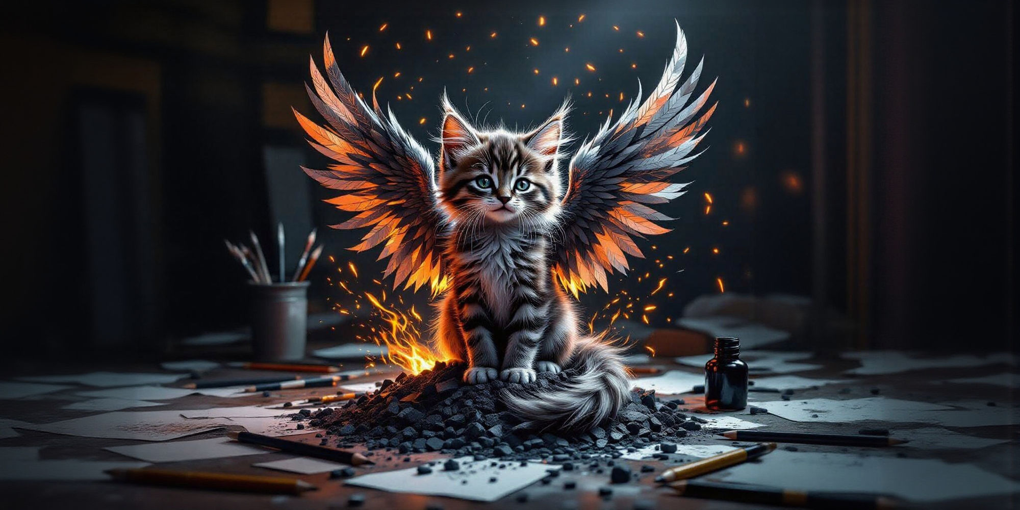 A majestic kitten phoenix, crafted entirely from shimmering graphite dust and pencil lead shards, erupts from a pile of discarded sketching ...