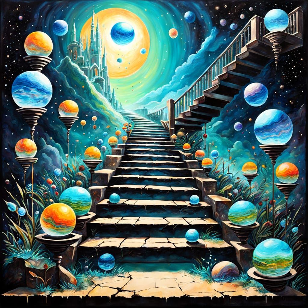 hyperdetailed Metaphysical Painting  levitating scenic orbs, cosmic staircase, surreal dreamscape.  by @FalleN 