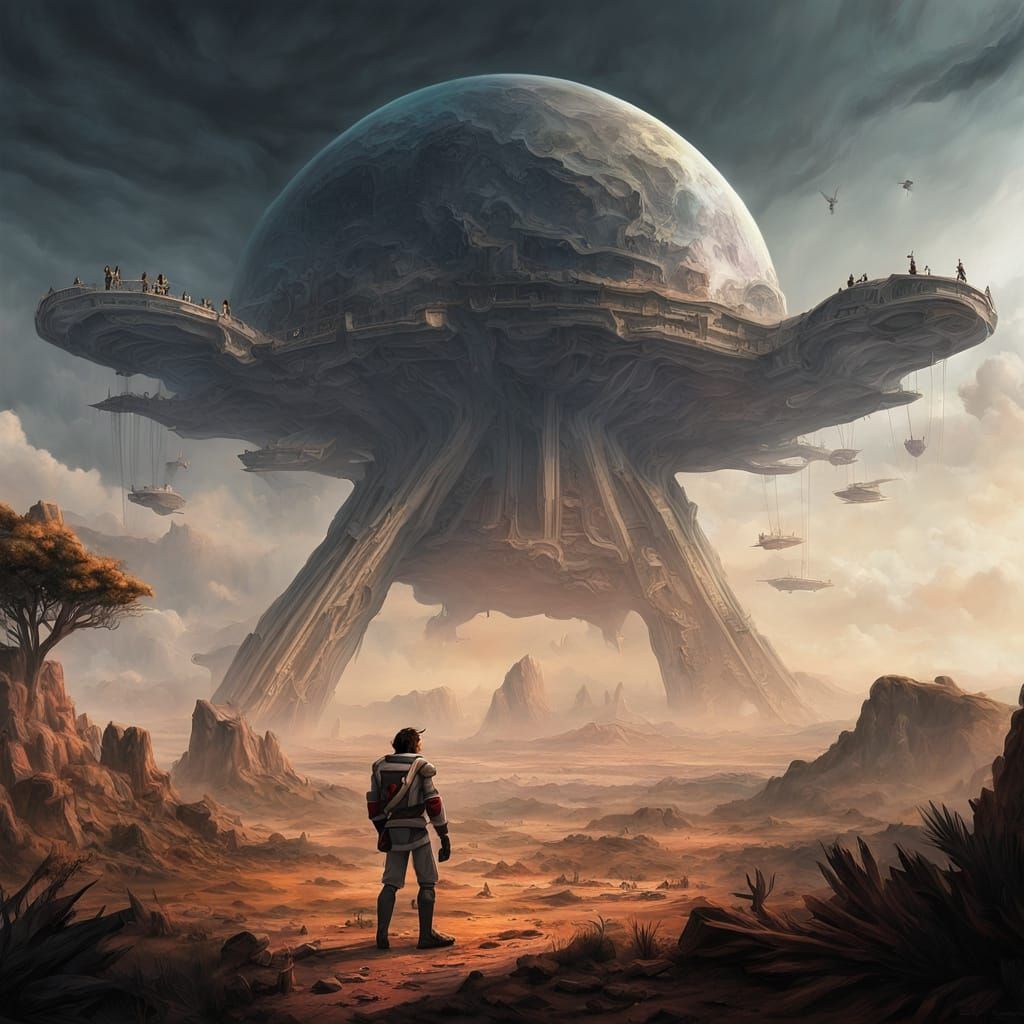 On a distant, uncharted planet, a team of explorers in advanced exosuits stands in awe before a colossal alien structure, its towering walls...